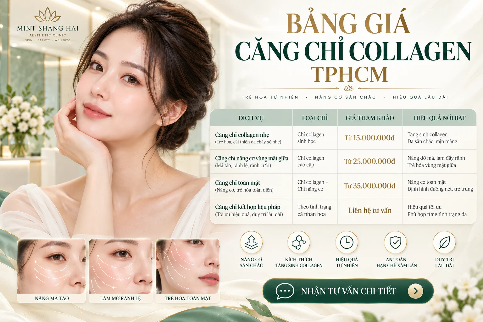 Bảng giá căng chỉ collagen TPHCM: sản phẩm và số lượng.