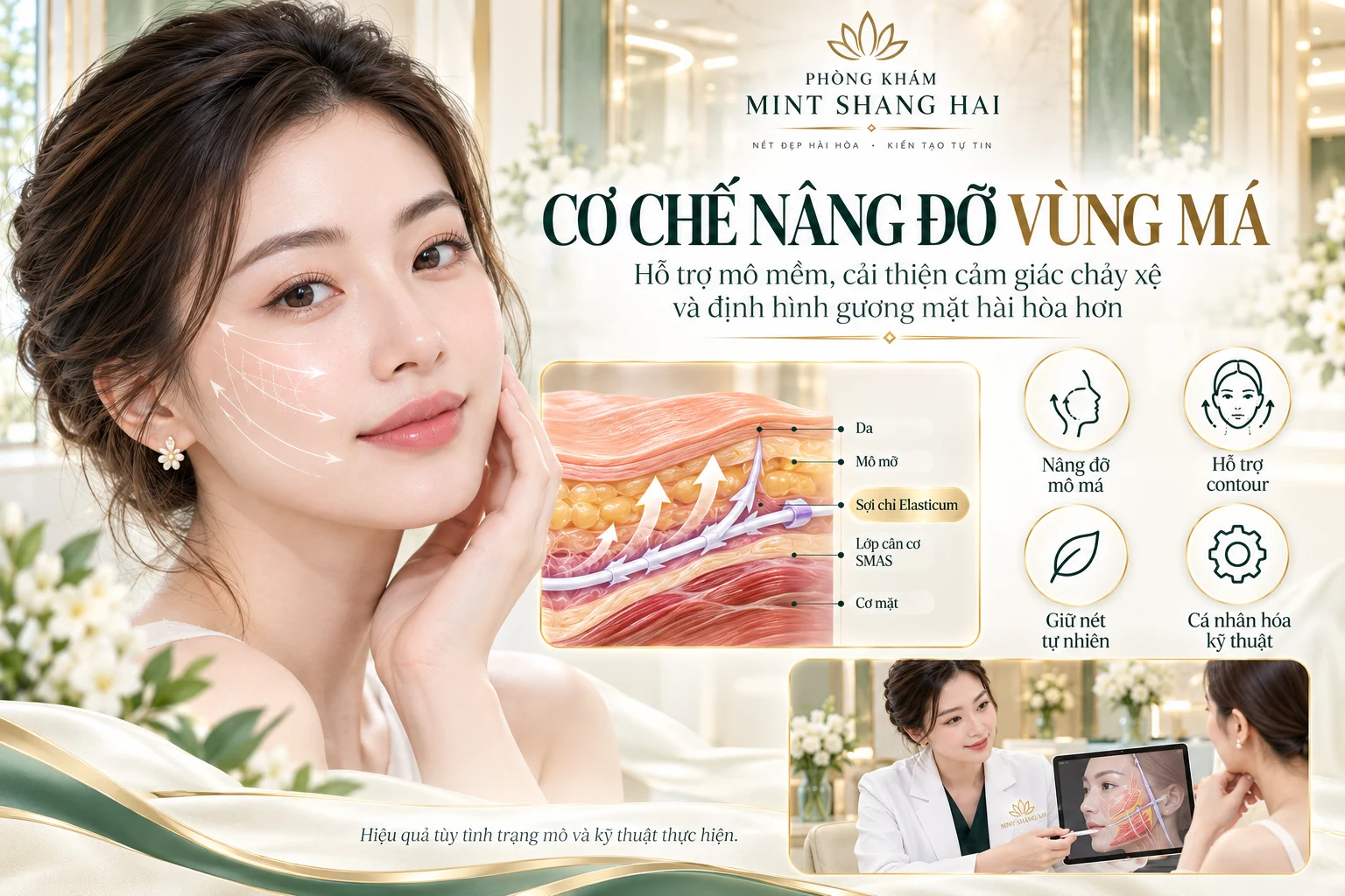 Nâng cơ má bằng chỉ Elasticum: theo dõi theo hướng dẫn.